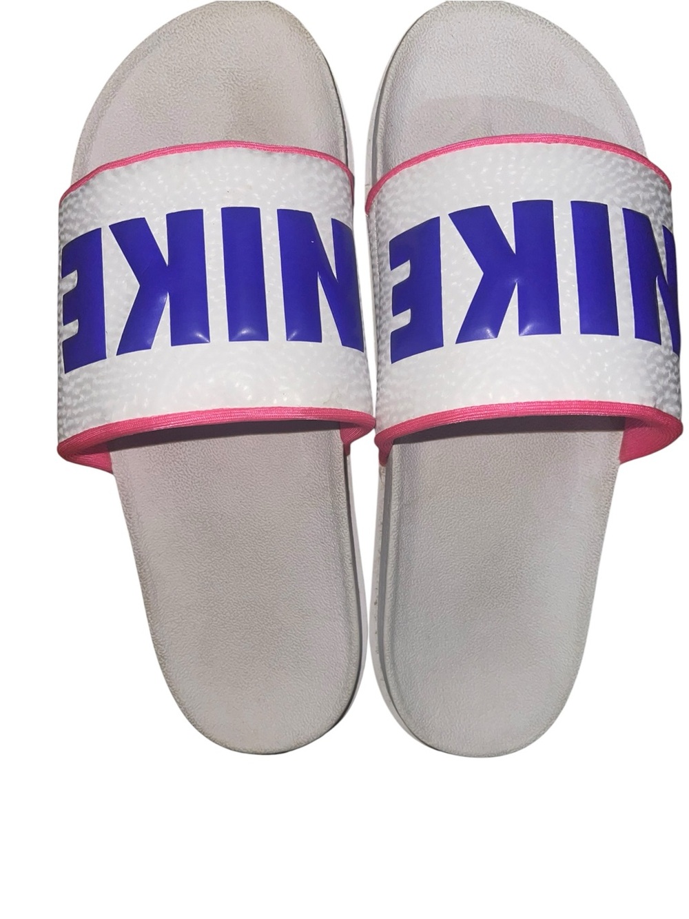 Nike White Slides with Blue Logo and Pink Accent
